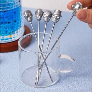 8 Silver Metal Halloween Skull Cocktail Appetizer Food Sticks Toothpicks Party